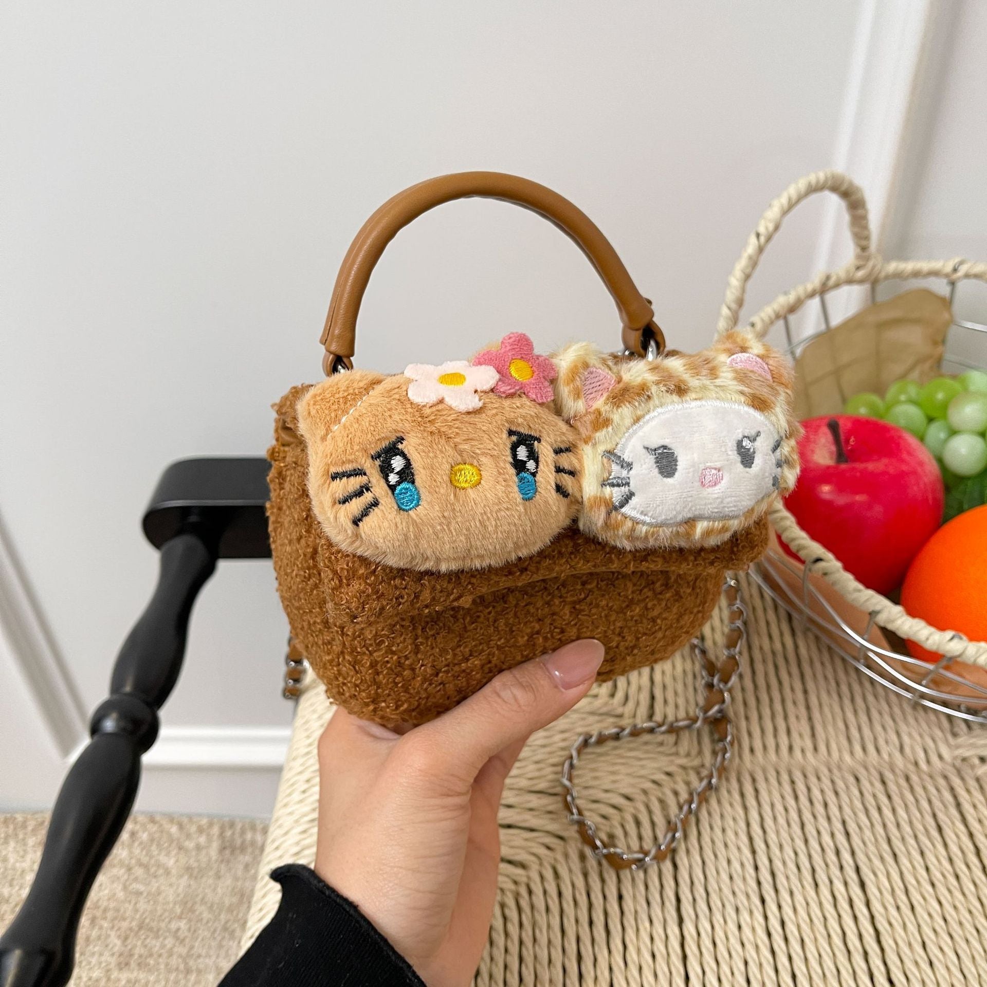 Cute Cartoon Flower Cat Plush Chain Shoulder Bag