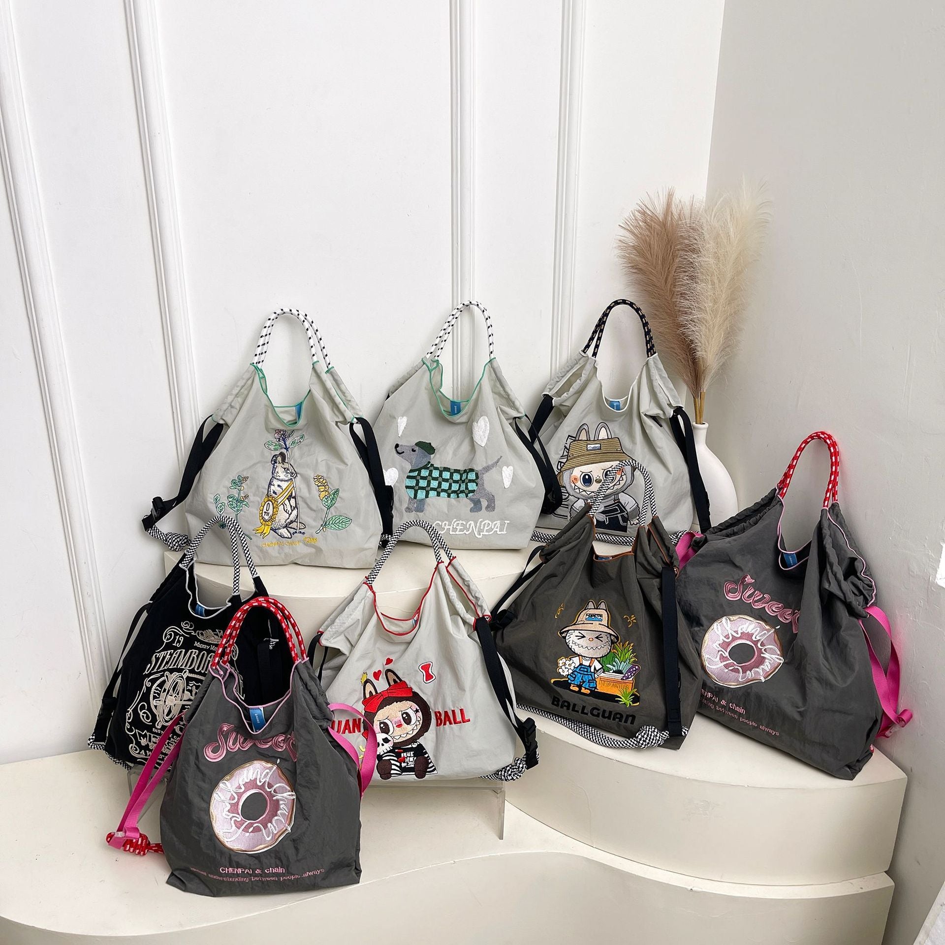 Embroidered Cartoon Tote Bag Large Capacity Shoulder Bag
