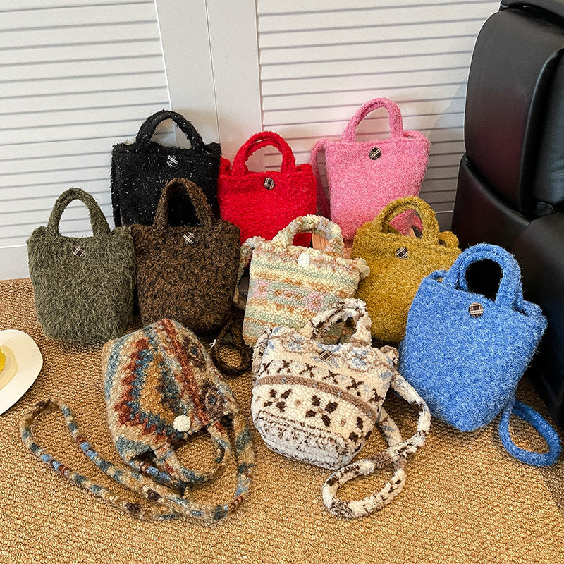 Snowflake Plush Bucket Bag Fashionable Shoulder Bag Sweet Commuting Messenger Bag