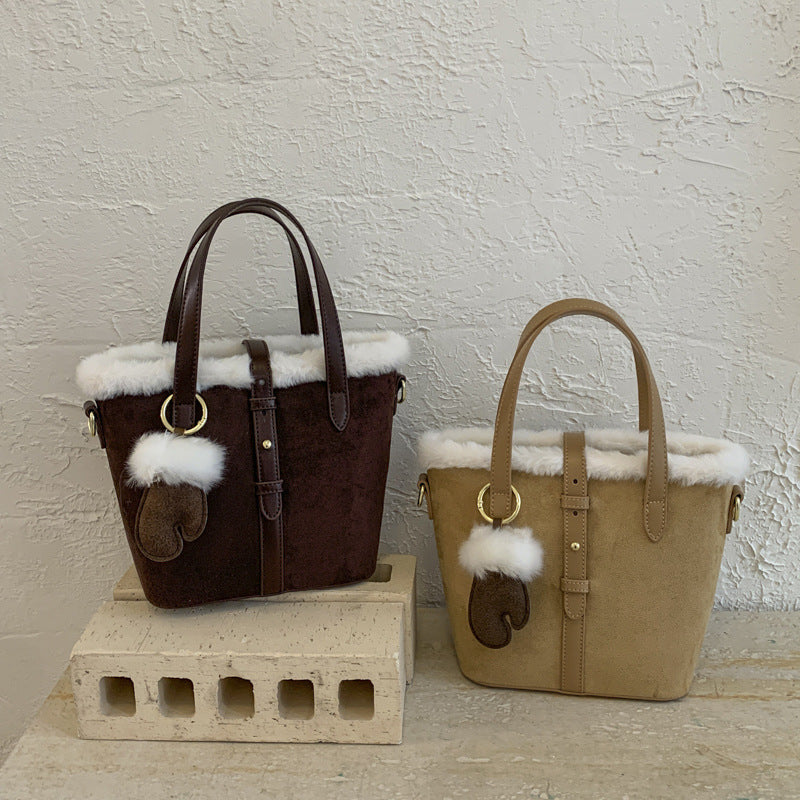 Retro Matte Splicing Bucket Bag Versatile Commuting Handbag