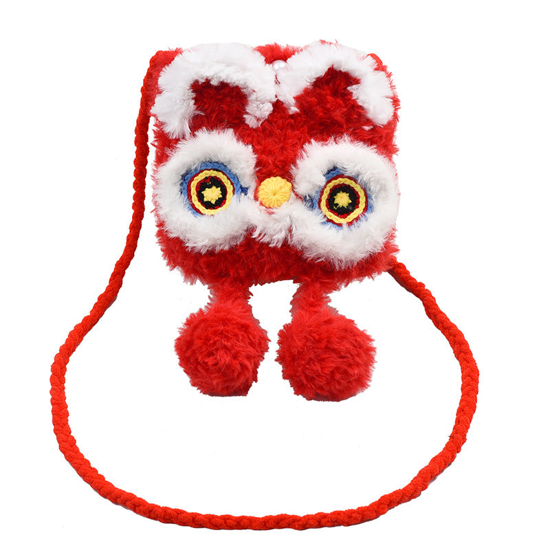 Guochao Lion Dance Wool Knitted Phone Bag Festive Cute New Year Messenger