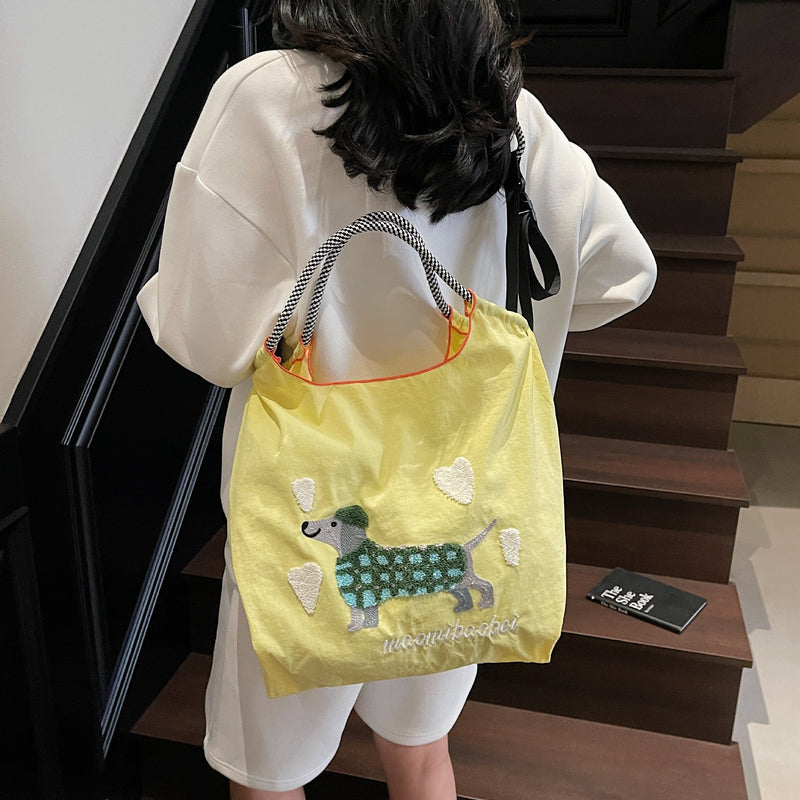 Nylon Dog Embroidery Handbag Folding Shoulder Cartoon Large Capacity Messenger Bag