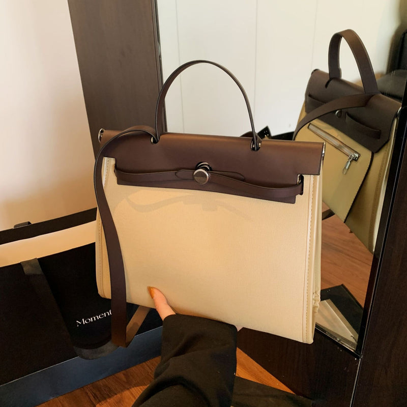 High-End Canvas Splicing Kelly Bag Large-Capacity Shoulder Bag