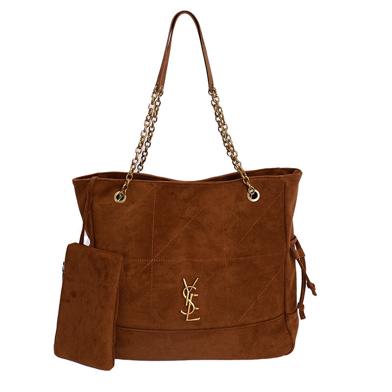 Vintage Suede Chain Tote Large Shoulder Commuter Bag