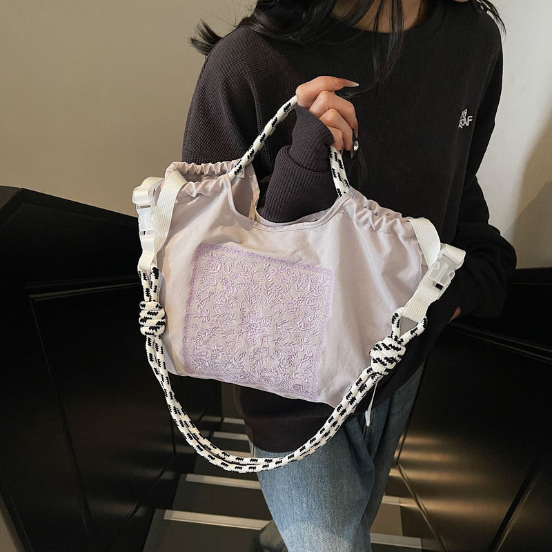 Embroidered Drawstring Cloth Bag Large Capacity Casual Messenger Bag