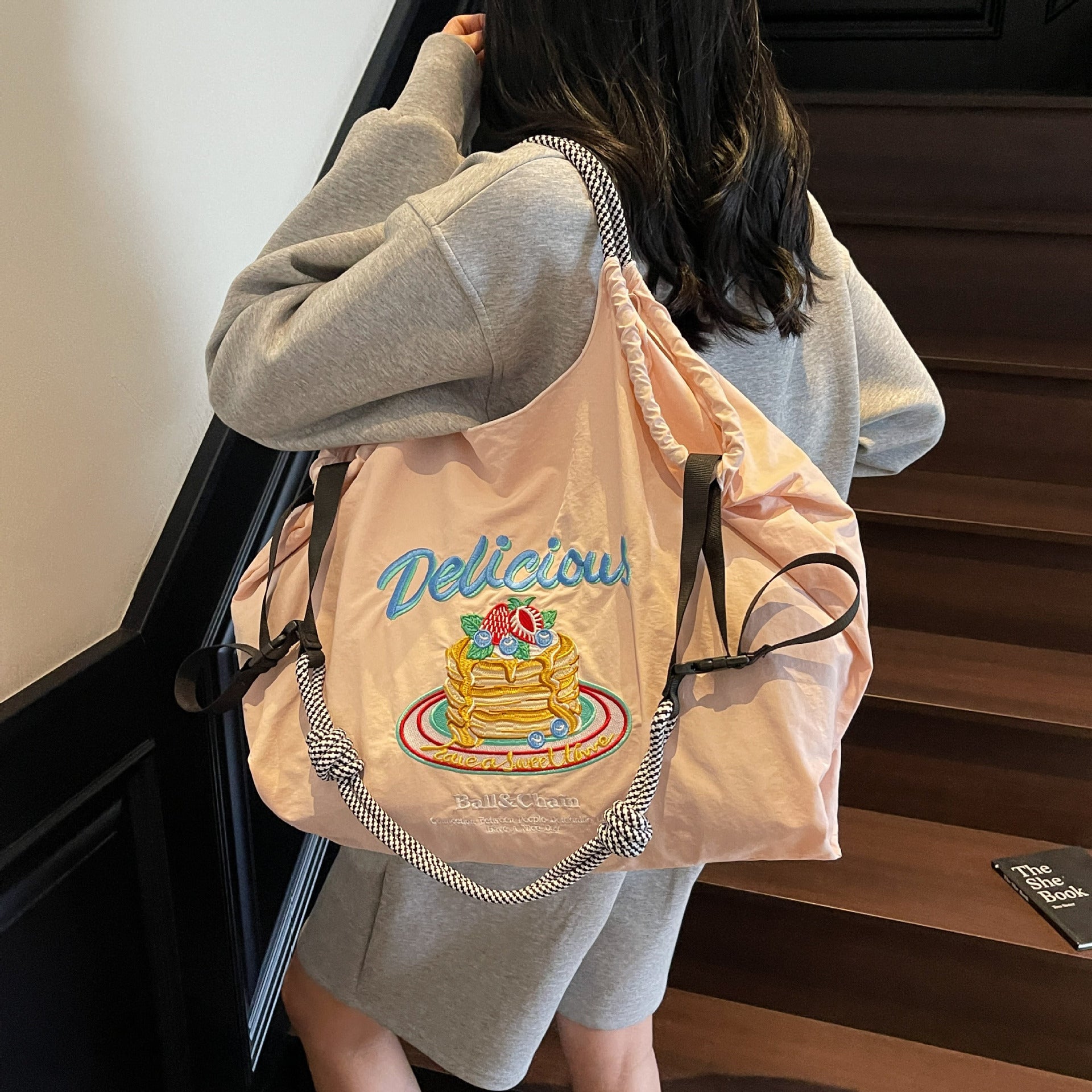 Nylon Embroidered Shoulder Tote Bag for Women