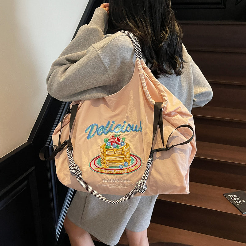 Nylon Embroidered Shoulder Tote Bag for Women
