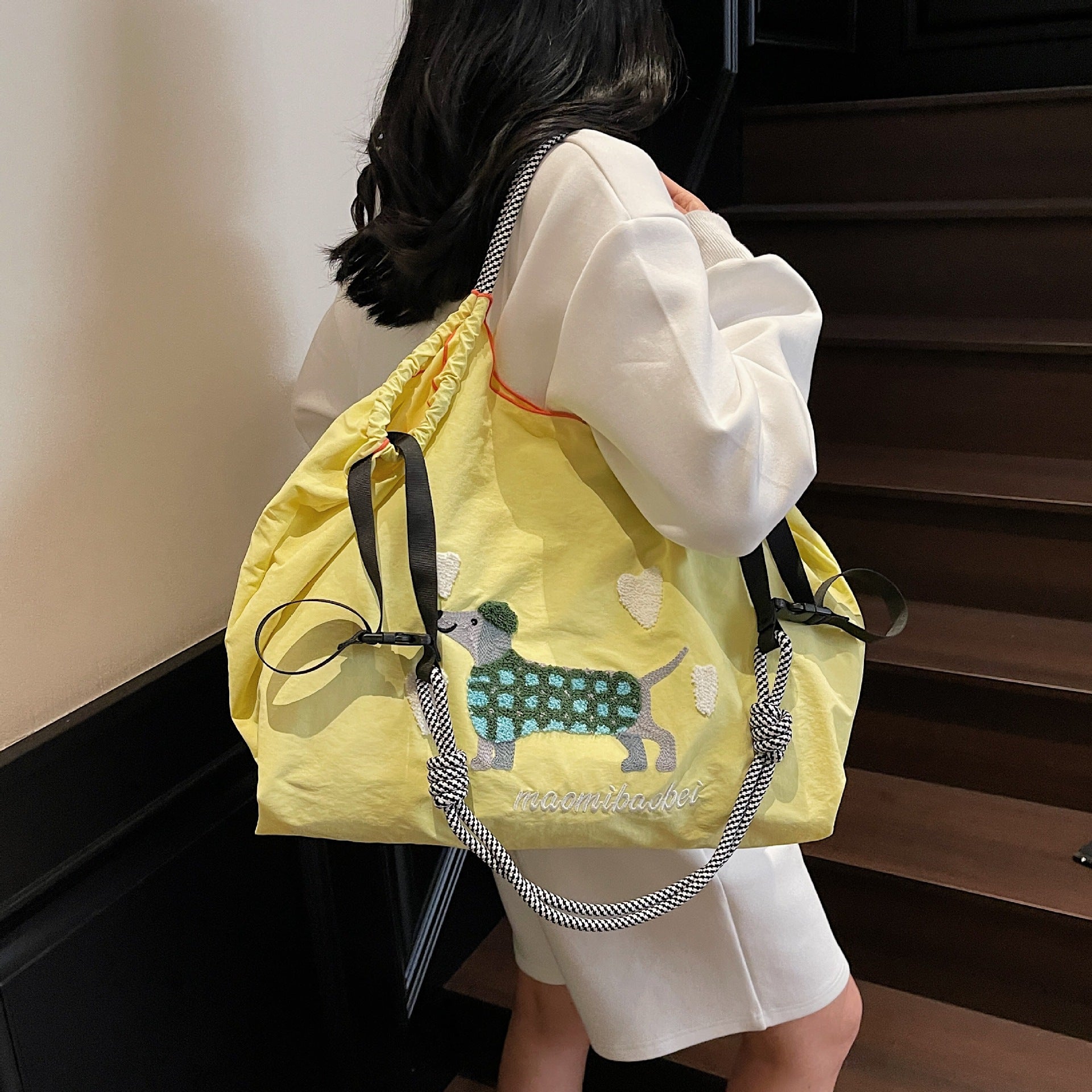 Nylon Dog Embroidery Handbag Folding Shoulder Cartoon Large Capacity Messenger Bag