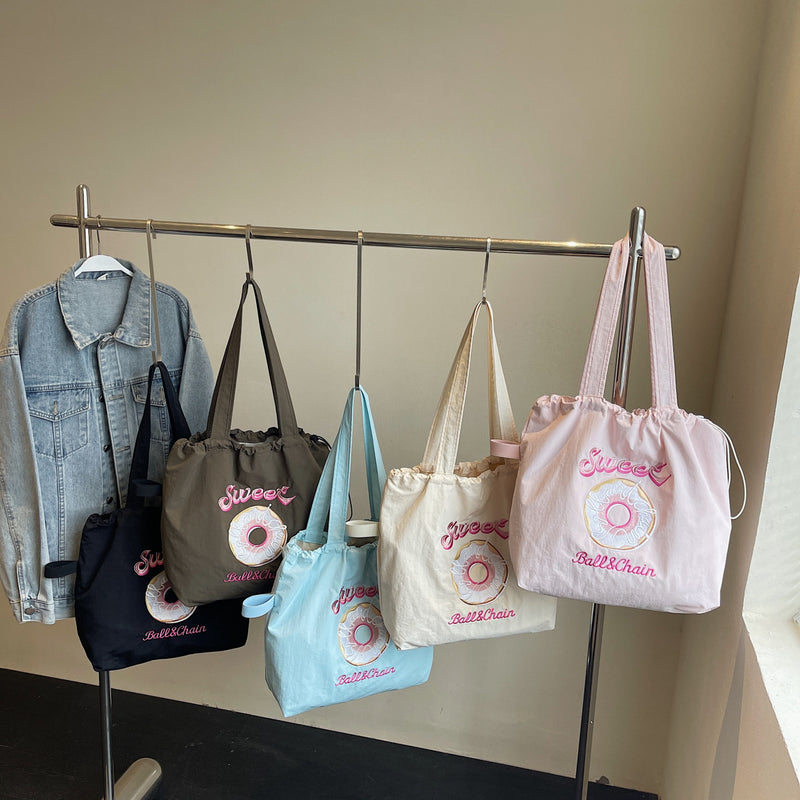 Donut Embroidery Tote Bag with Ball Chain for Women