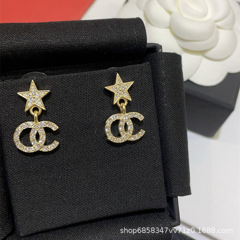 Star Double C Diamond Stud Earrings - Celebrity Style Antique Design