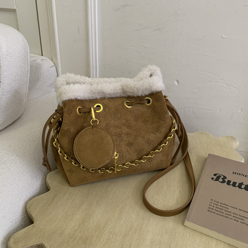Retro Suede Splicing Bucket Bag Chain Shoulder Messenger Handbag