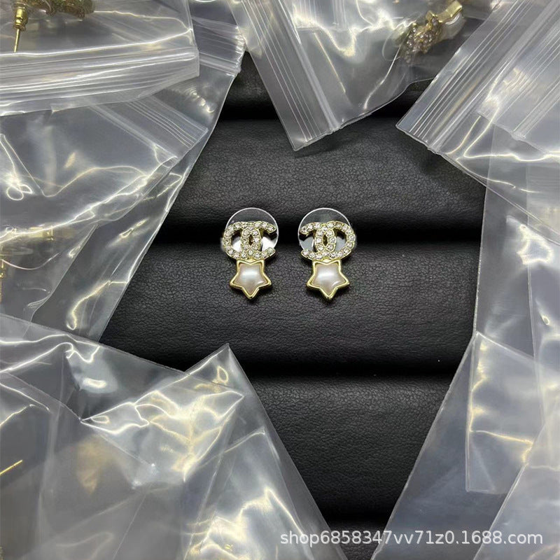 Star Double C Diamond Stud Earrings - Celebrity Style Antique Design