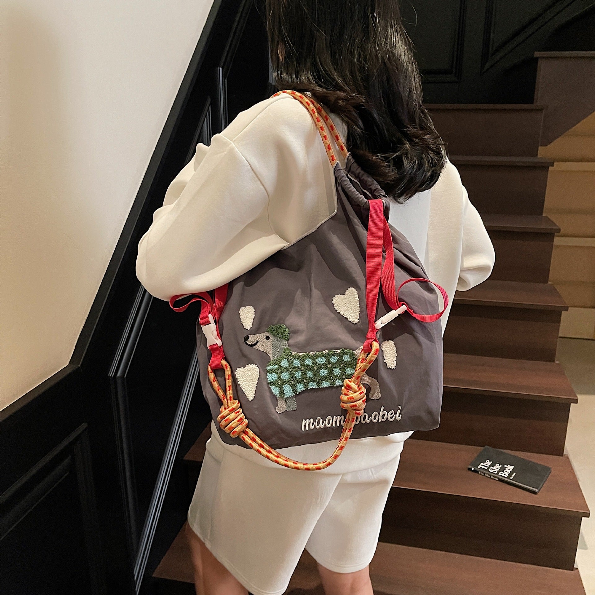 Nylon Dog Embroidery Handbag Folding Shoulder Cartoon Large Capacity Messenger Bag