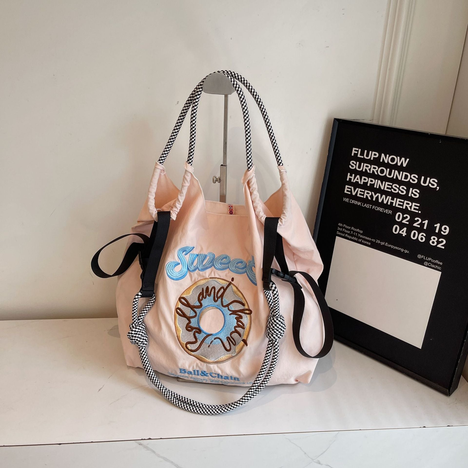 Embroidered Donut Ball Chain Nylon Bag Lightweight Eco-Friendly Shopping Bag