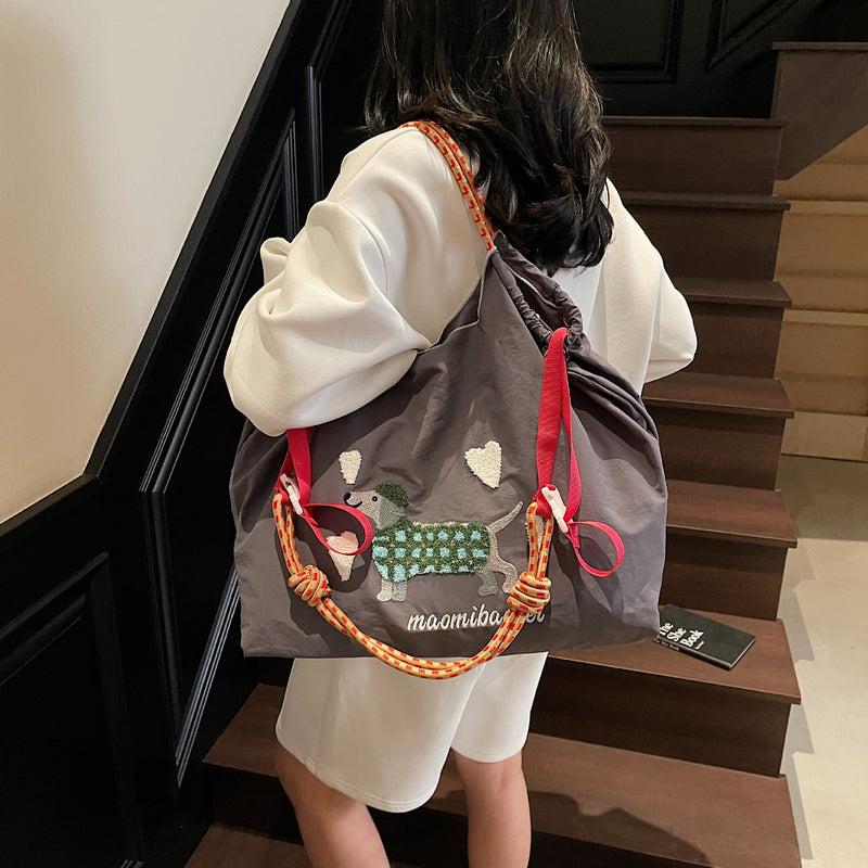Nylon Dog Embroidery Handbag Folding Shoulder Cartoon Large Capacity Messenger Bag