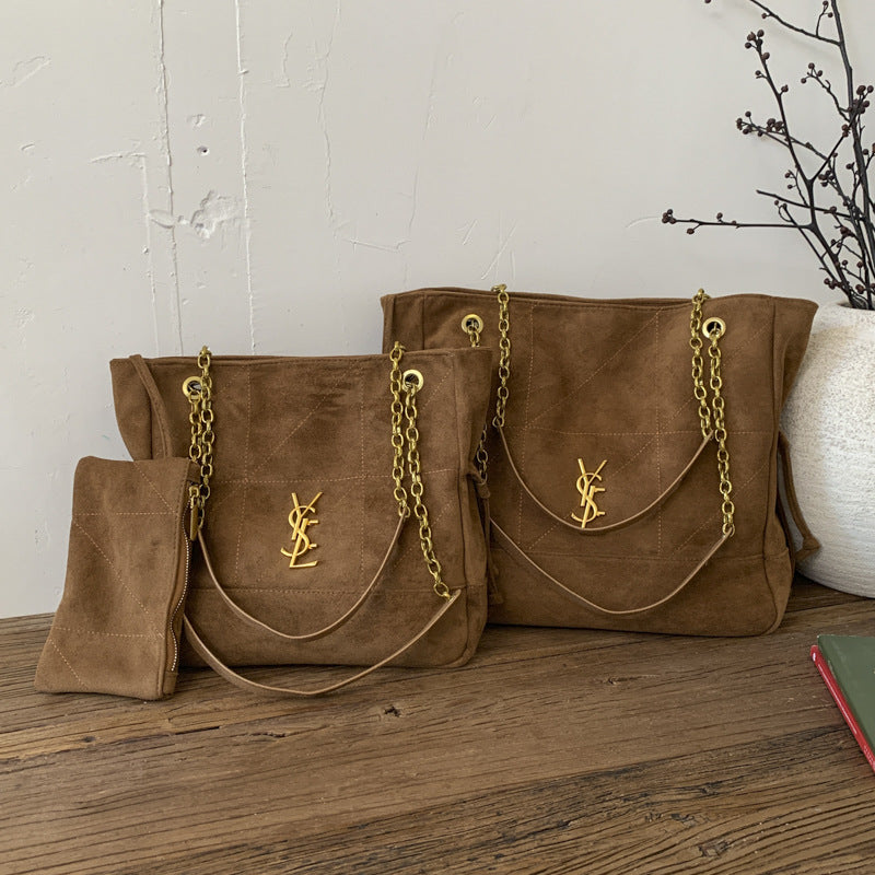 Vintage Suede Chain Tote Large Shoulder Commuter Bag