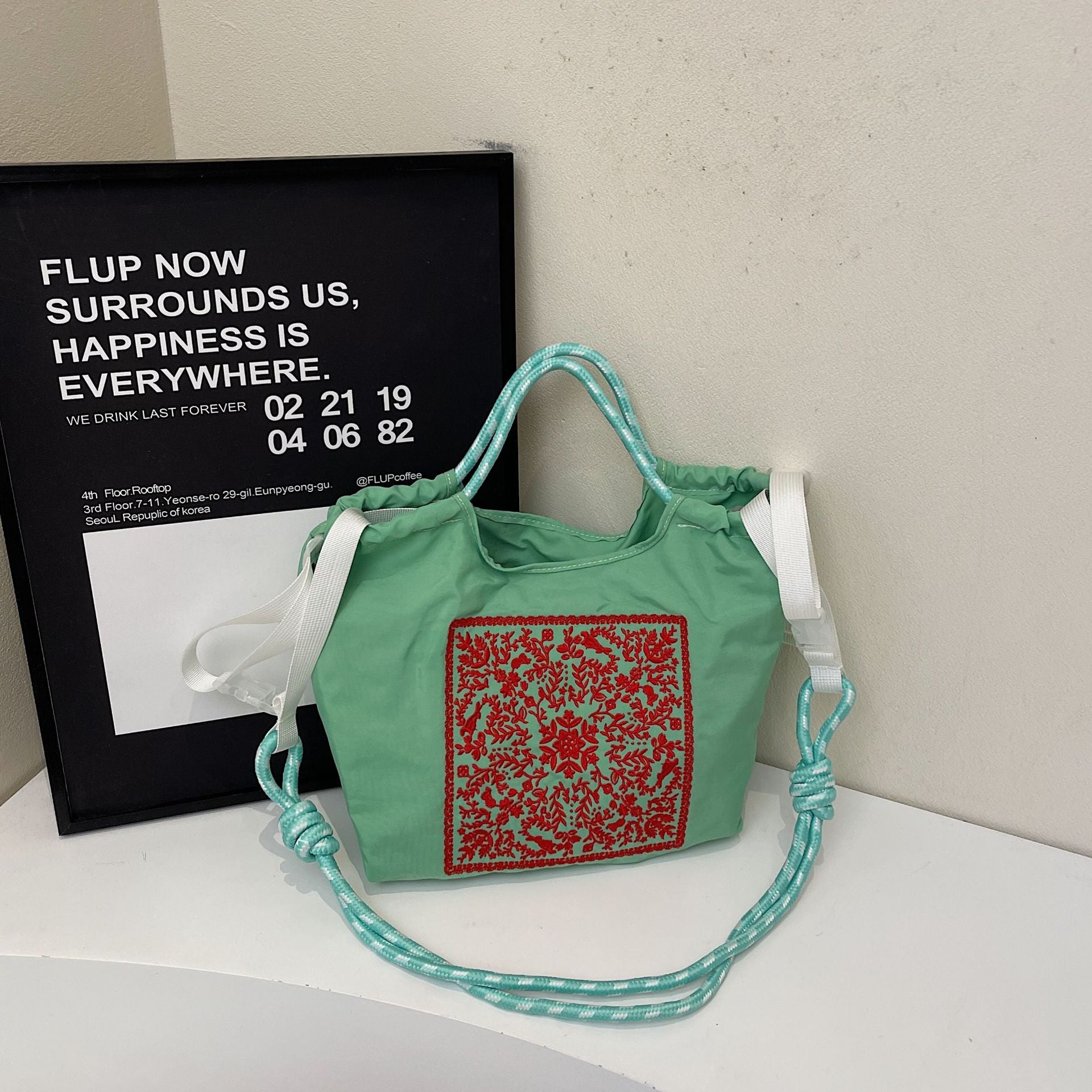 Embroidered Drawstring Cloth Bag Large Capacity Casual Messenger Bag