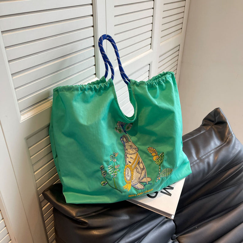 Rabbit Embroidery Shoulder Bag with Drawstring Chain