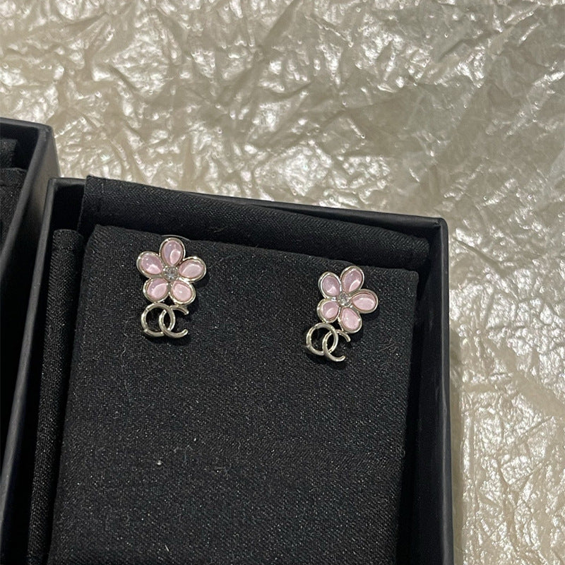 Pink Glazed Flower 925 Silver Stud Earrings for Women