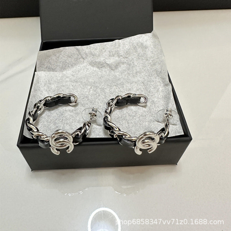 Premium Leather Stud Earrings for Grandma - Light Luxury Double C Design
