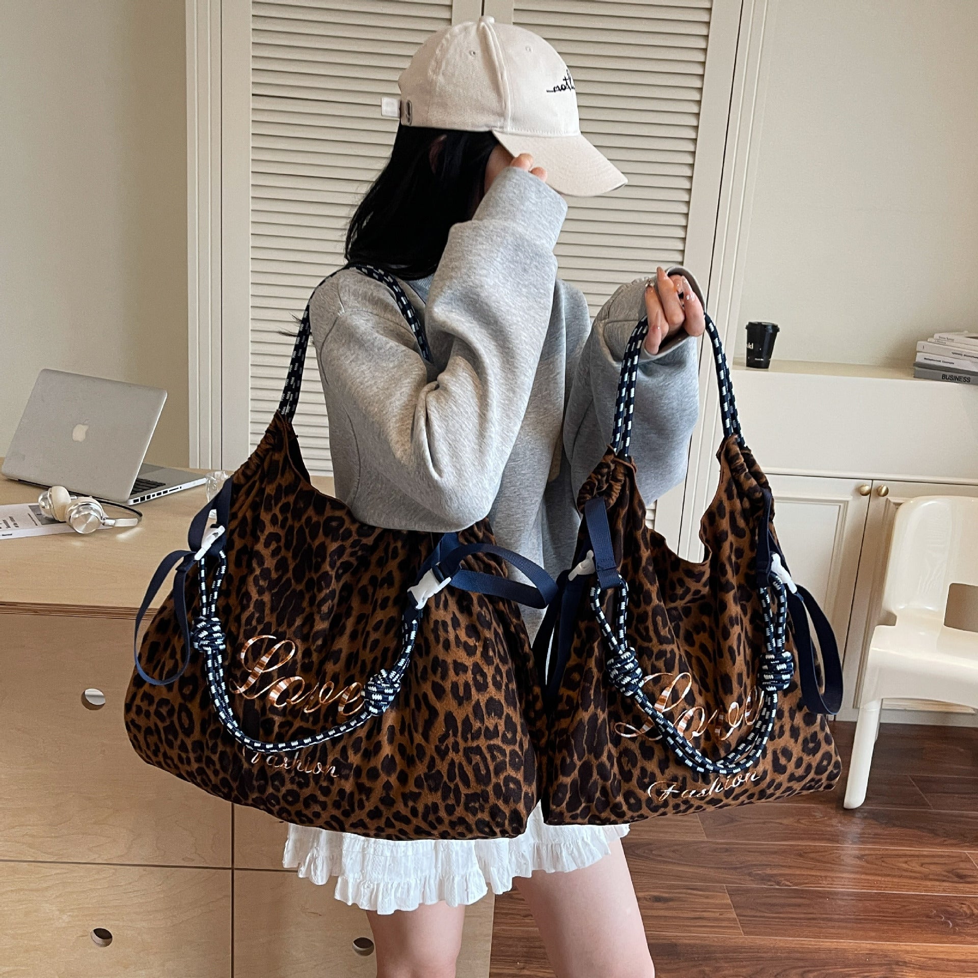 Retro Leopard Print Shoulder Bag Ball Chain Tote Women's Fashion Handbag
