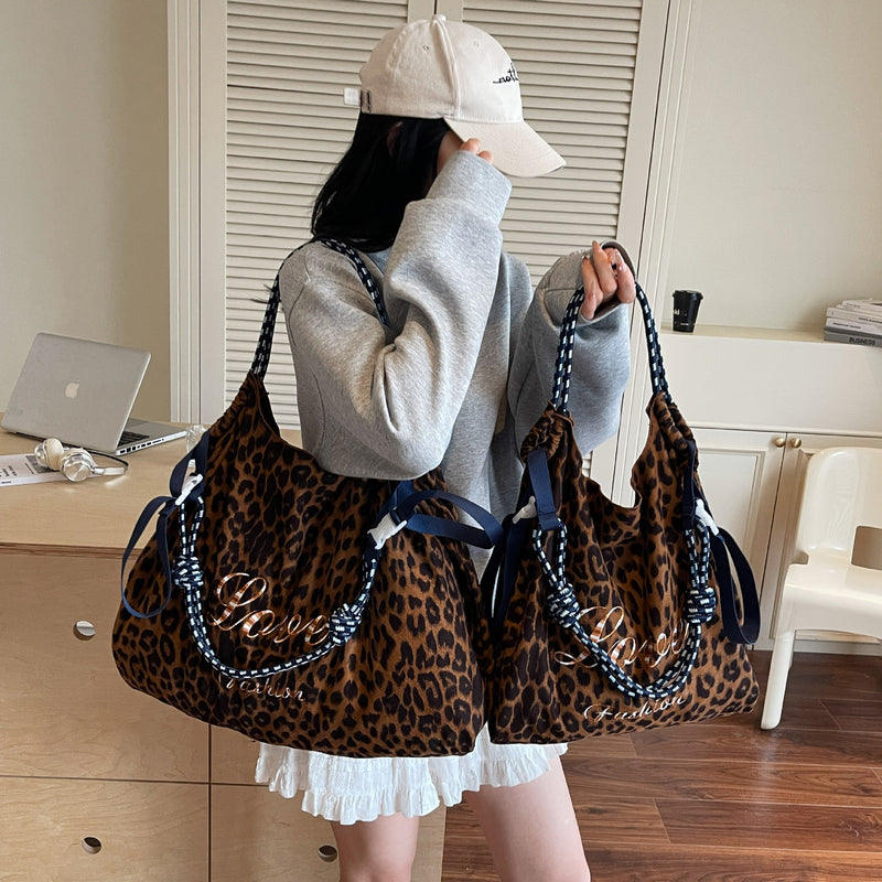 Retro Leopard Print Shoulder Bag Ball Chain Tote Women's Fashion Handbag