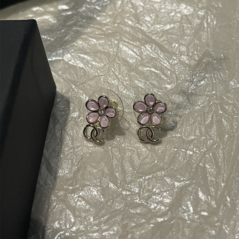 Pink Glazed Flower 925 Silver Stud Earrings for Women