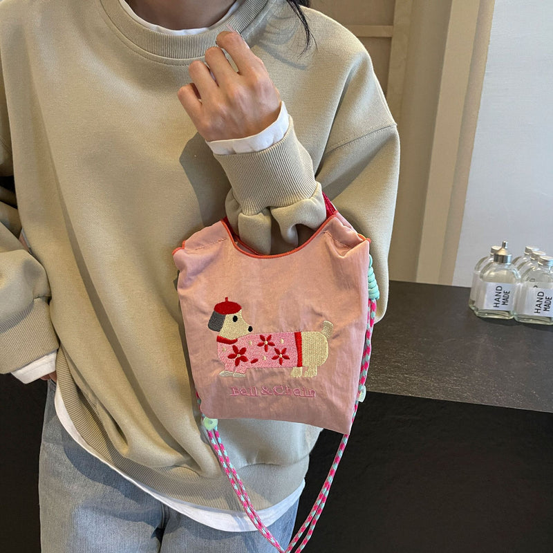 Cute Dachshund Dog Ball Chain Cloth Bag Women's Trendy Shoulder Messenger Bag