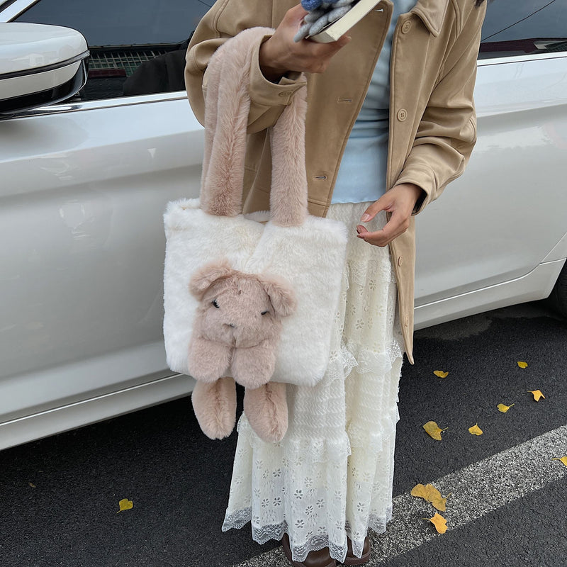 Cute Bear Plush Shoulder Bag for Women Autumn Winter Commuter Tote