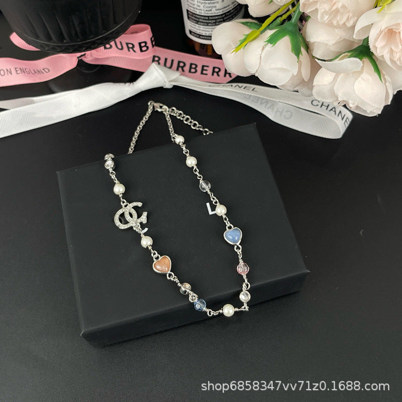 Women's Crystal Pearl Necklace - Heart Pendant, Diamond, Blue & Pink