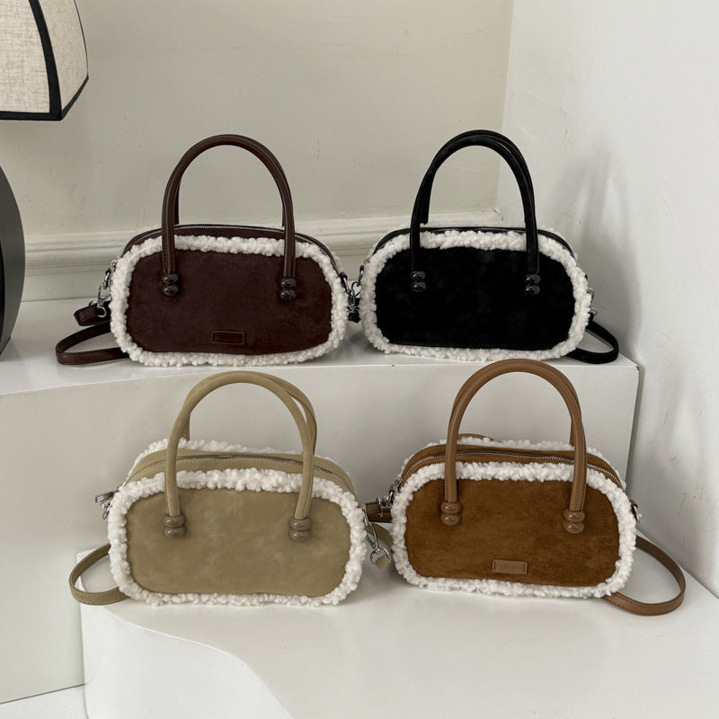 Niche Plush Splicing Handbag Retro Shoulder Bag Suede Messenger