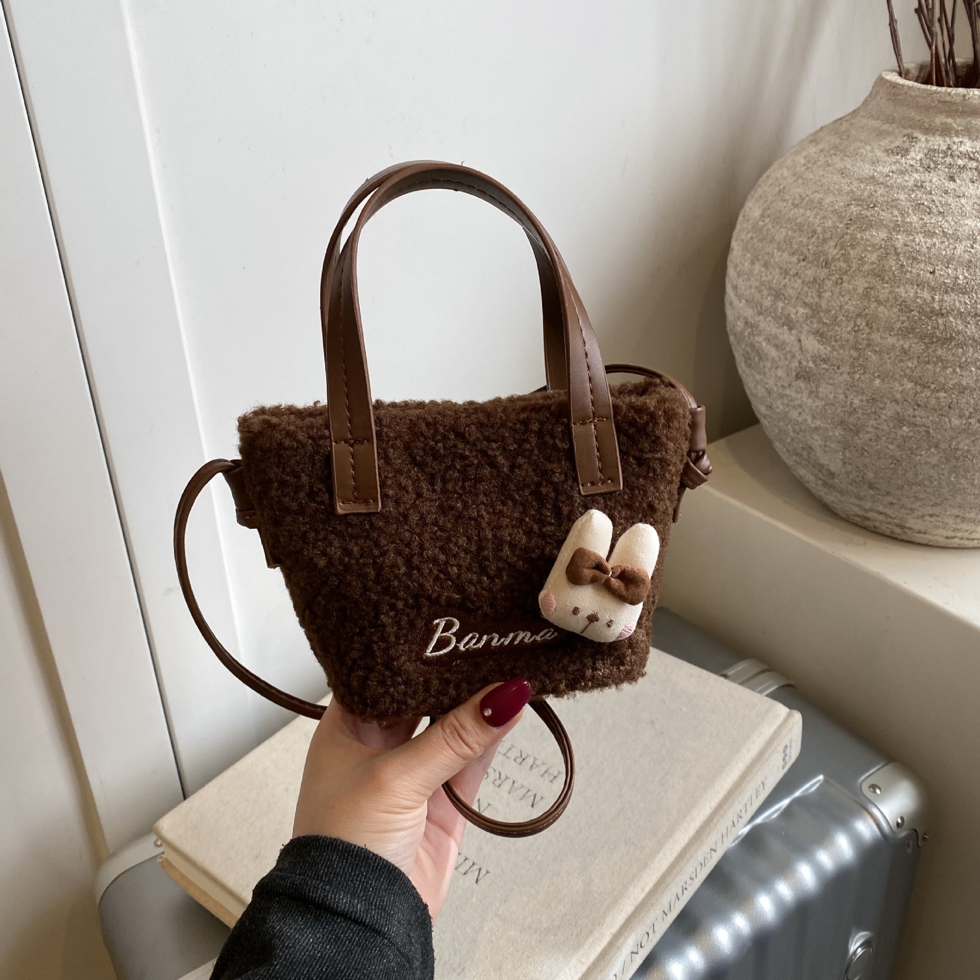 Cute Cartoon Plush Shoulder Bag Fashionable Splicing Handbag