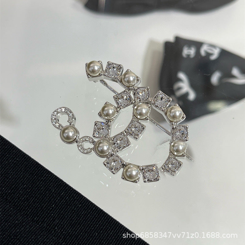 Double C Diamond Brooch Pearl Pin Luxury Women's Jewelry Gift
