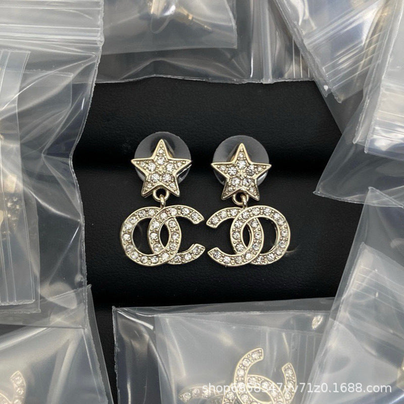 Star Double C Diamond Stud Earrings - Celebrity Style Antique Design