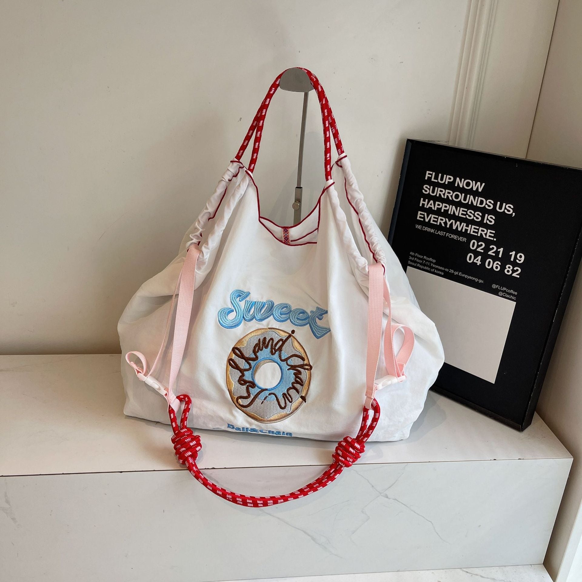 Embroidered Donut Ball Chain Nylon Bag Lightweight Eco-Friendly Shopping Bag