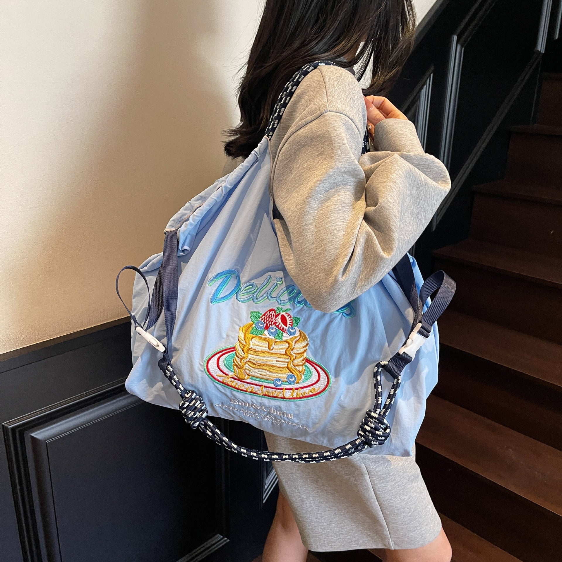 Nylon Embroidered Shoulder Tote Bag for Women