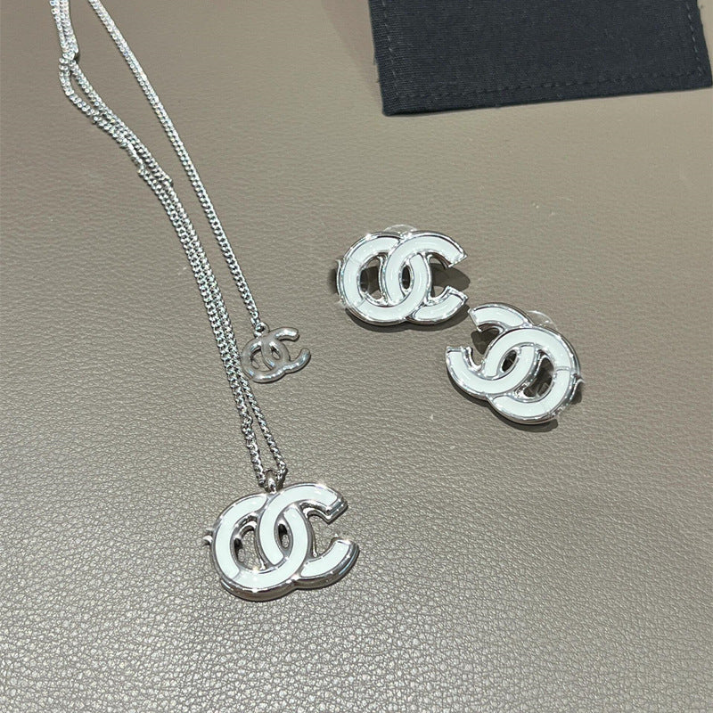 White Enamel Double C Letter Earrings 925 Silver Needle Women Set