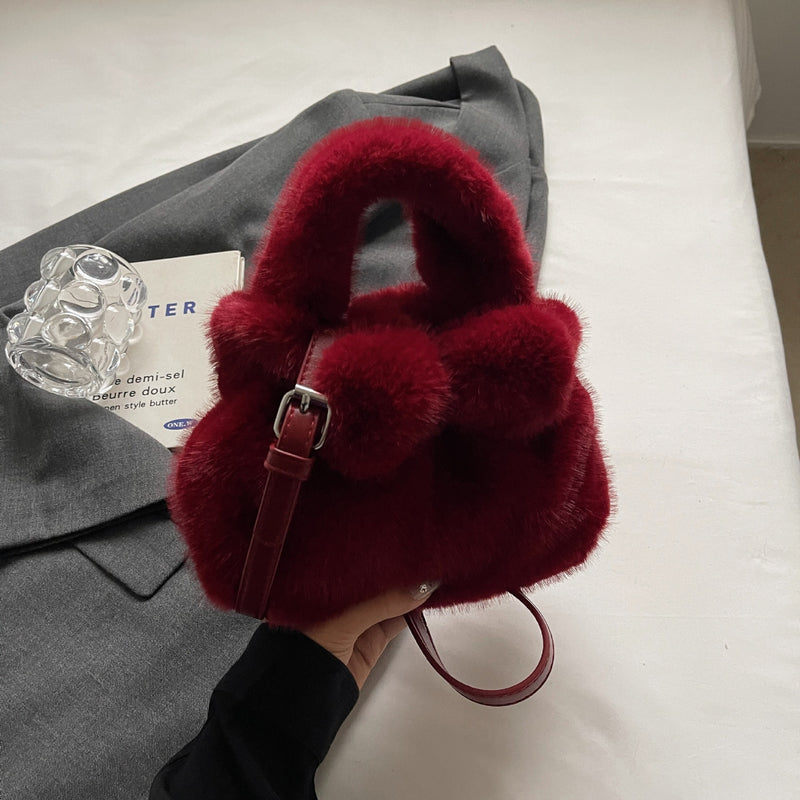 Retro Plush Bow Bag Fluffy Fashion Messenger Bag