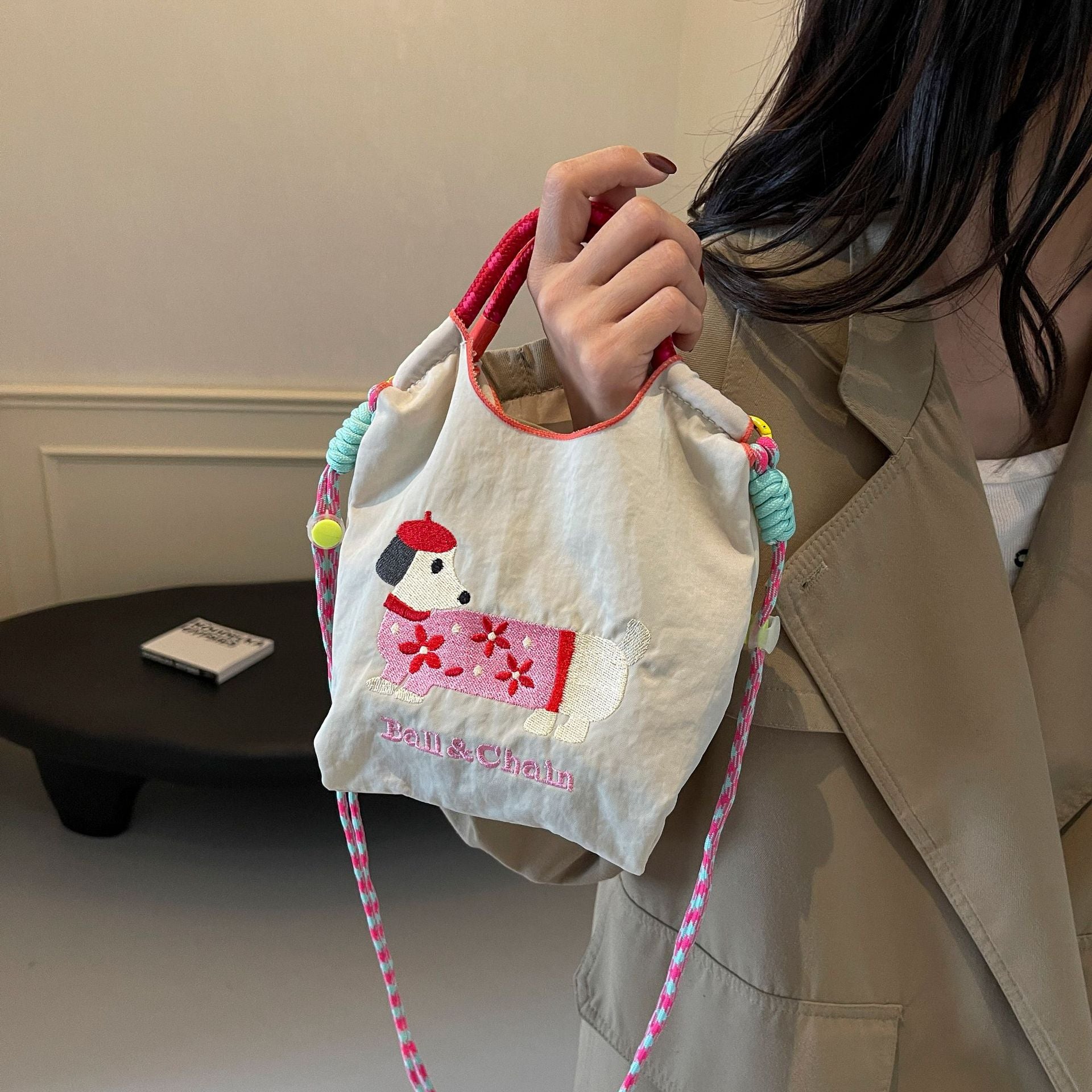 Cute Dachshund Dog Ball Chain Cloth Bag Women's Trendy Shoulder Messenger Bag