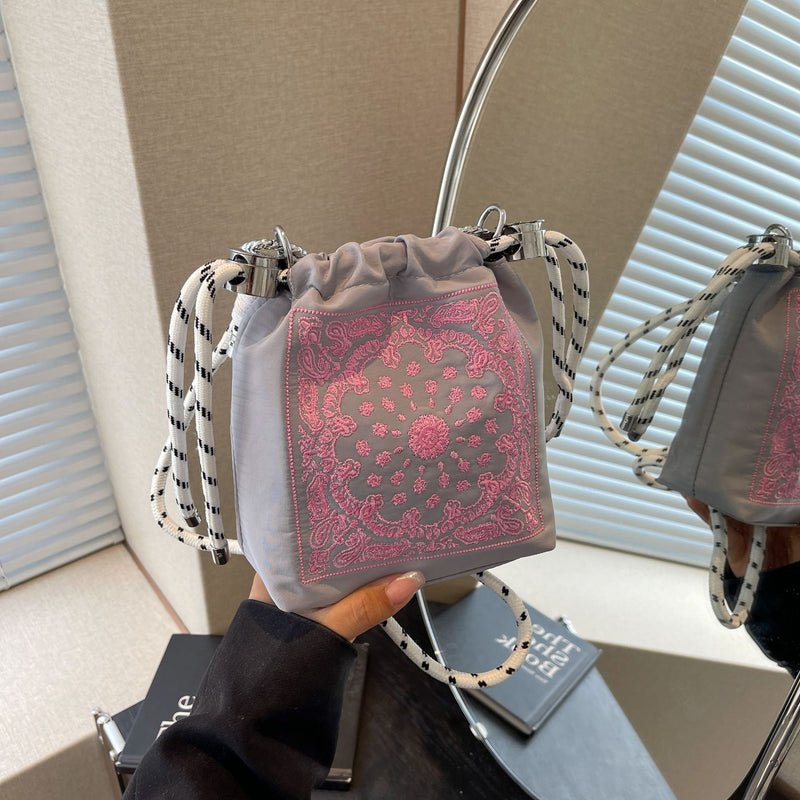 Embroidered Ball Chain Drawstring Bucket Bag Lightweight Crossbody Shoulder Bag