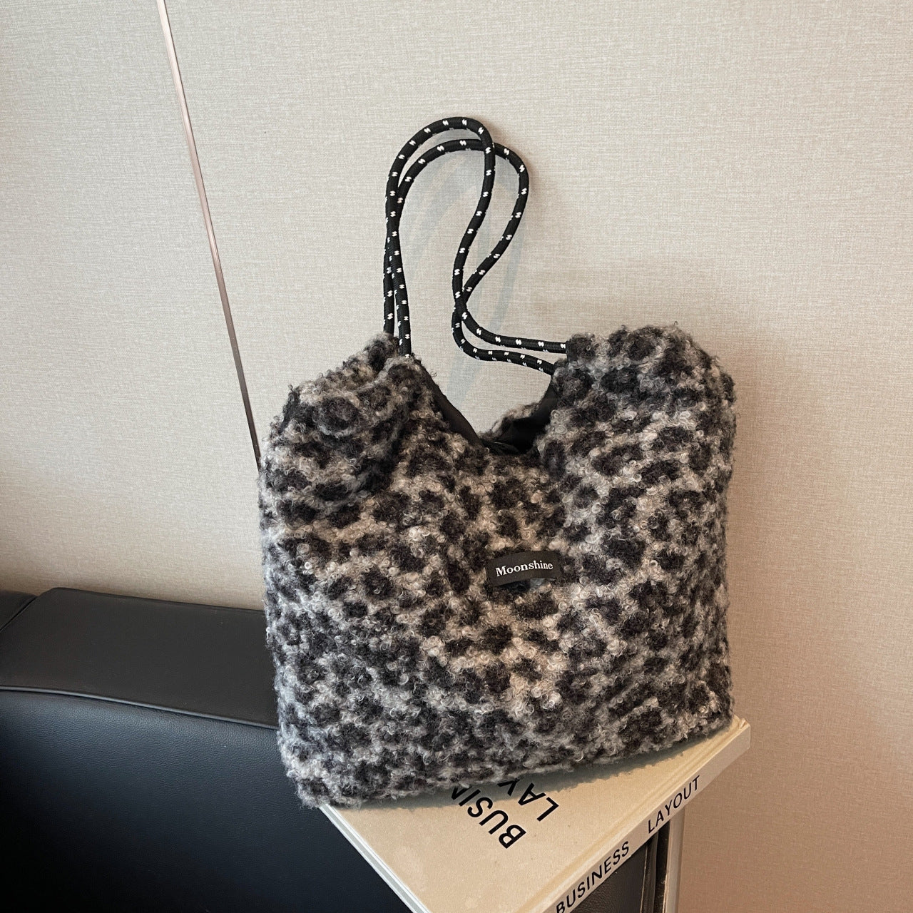 Leopard Print Lamb Wool Drawstring Shoulder Bag Retro Tote