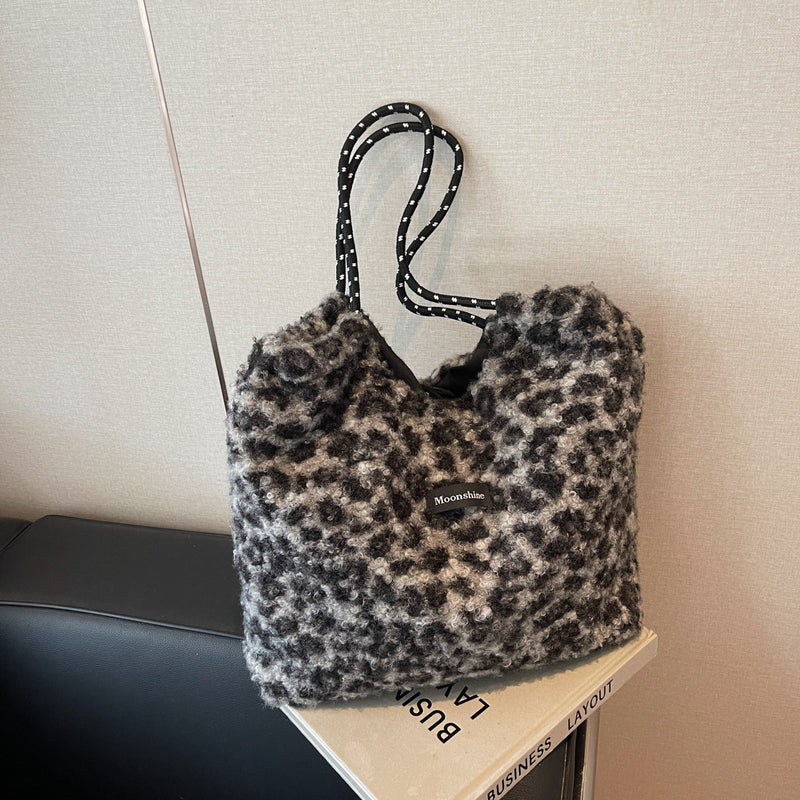 Leopard Print Lamb Wool Drawstring Shoulder Bag Retro Tote