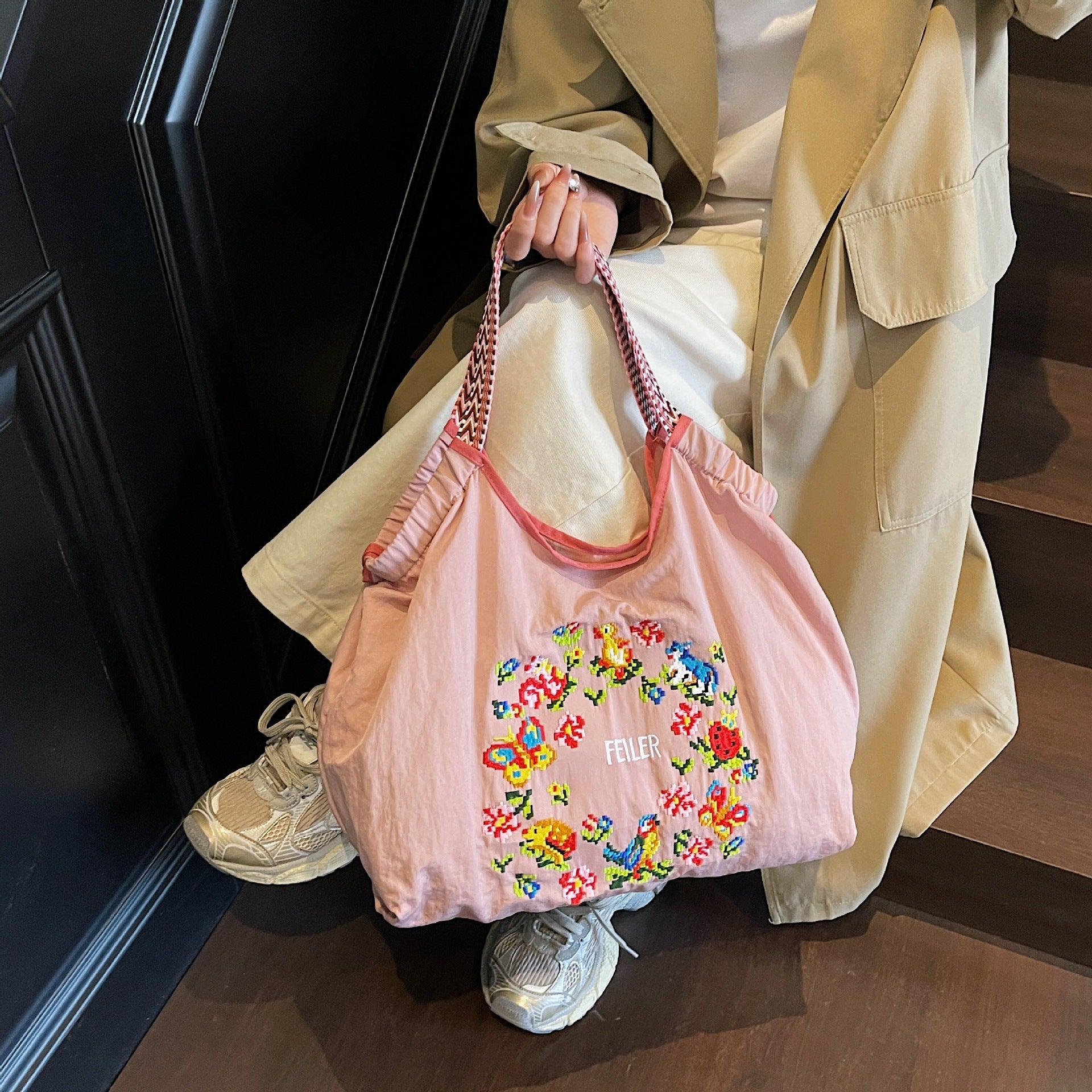 Nylon Embroidered Ball Chain Shoulder Bags for Women