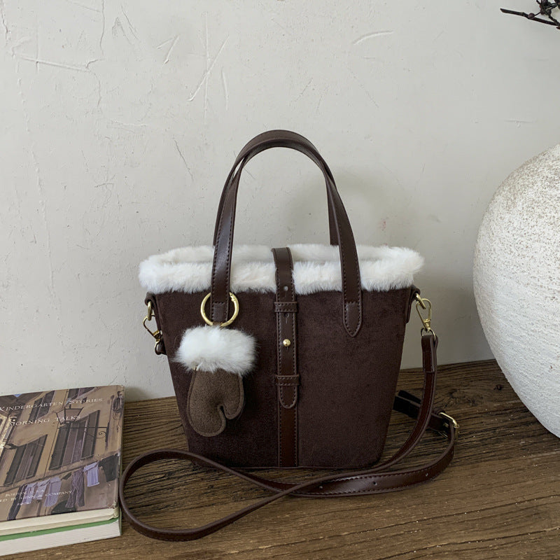 Retro Matte Splicing Bucket Bag Versatile Commuting Handbag