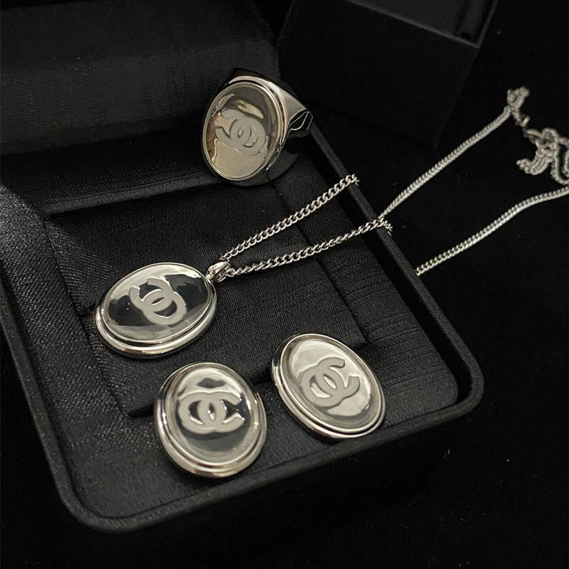 Simple Versatile Oval Mirror Glossy Double C 925 Silver Earrings