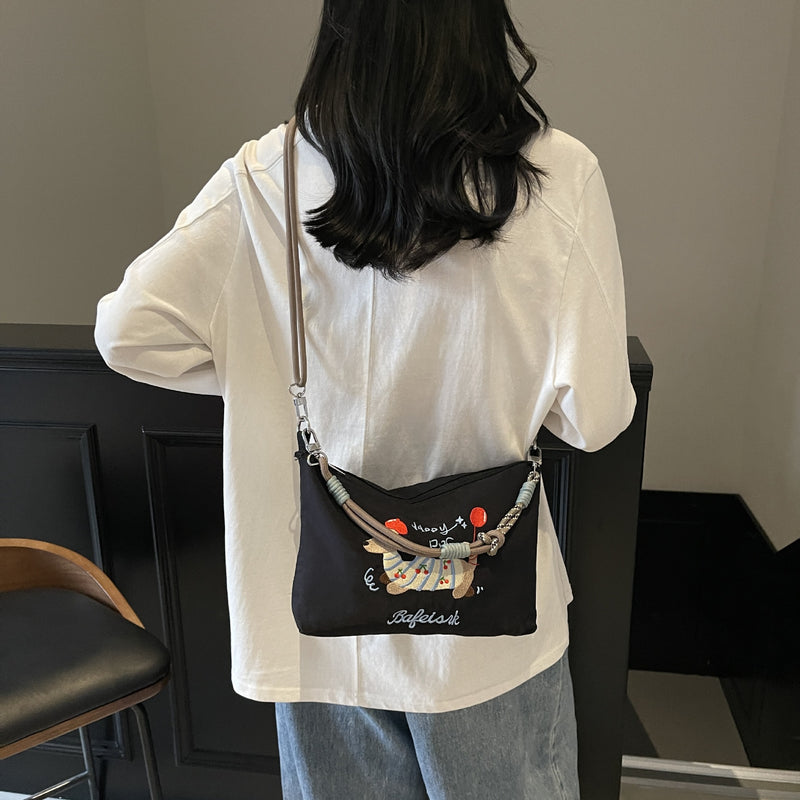 Cute Dachshund Embroidery Shoulder Bag with Ball Chain
