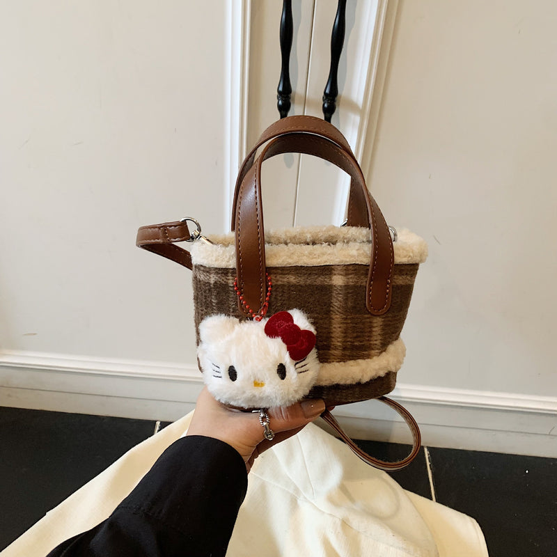 Cute Plaid Portable Bucket Bag Messenger Bag