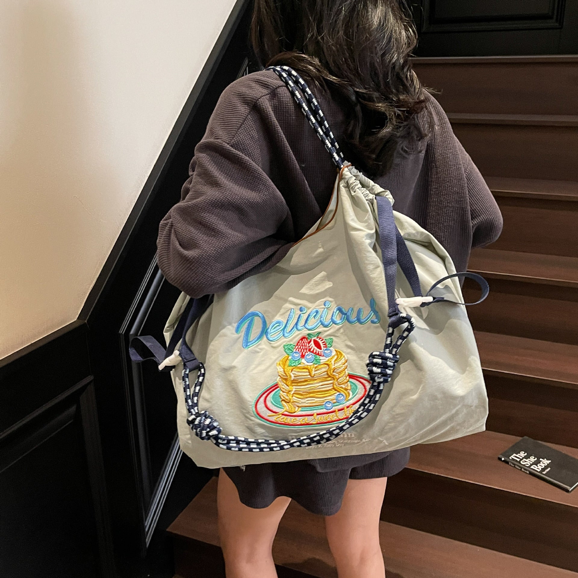 Nylon Embroidered Shoulder Tote Bag for Women