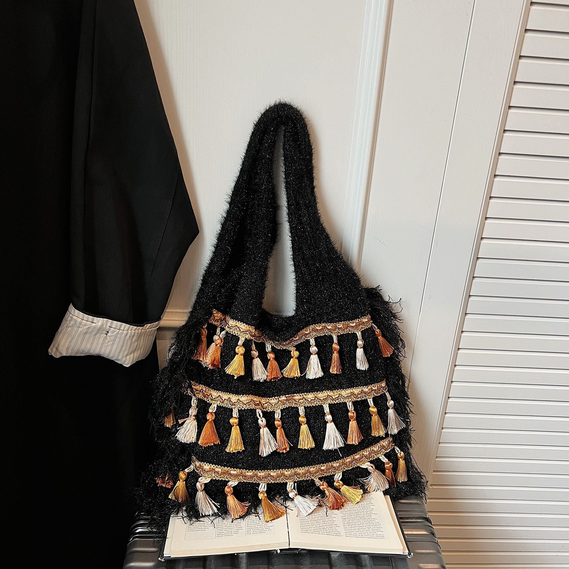Ethnic Fringed Knitted Shoulder Bag for Women