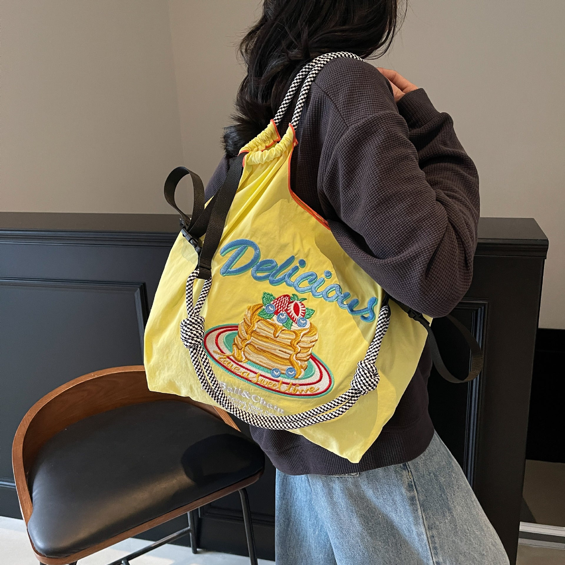 Nylon Embroidered Shoulder Tote Bag for Women